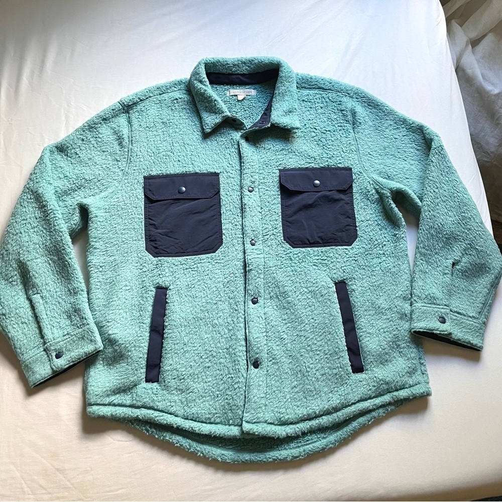 OUTERKNOWN green blue contrast pocket snap button up faux shearling fuzzi jacket